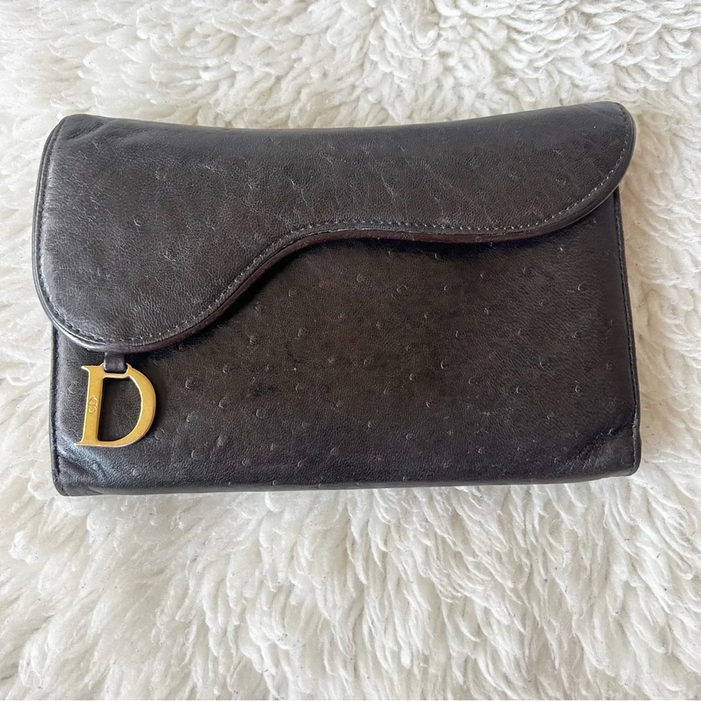 Dior Saddle Wallet Vintage Dark Brown Ostrich Leather - Picture 1 of 12